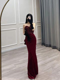 Sexy Mermaid Strapless Long Burgundy Velvet Prom Dress HZ1022