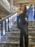 Sexy Mermaid One Shoulder Long Black Slit Prom Dress HZ1022