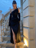 Sexy Mermaid One Shoulder Long Black Slit Prom Dress HZ1022
