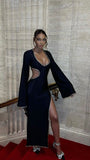 Sexy Sheath V Neckline Long Sleeves Black Slit Prom Dress HZ1022