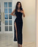 Sexy Sheath Straps Long Black Lace Prom Dress With Slit HZ1022