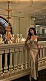 Sexy Sheath Spaghetti Straps Long Champagne Prom Dresses HZ1022