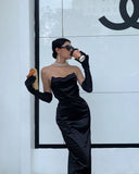 Chic Sheath Strapless Long Black Prom Dress With Gloves HZ1022