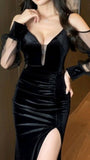 Sexy Mermaid Straps Long Sleeves Black Prom Dresses HZ1022