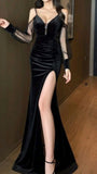 Sexy Mermaid Straps Long Sleeves Black Prom Dresses HZ1022