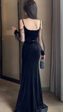 Sexy Mermaid Straps Long Sleeves Black Prom Dresses HZ1022