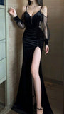 Sexy Mermaid Straps Long Sleeves Black Prom Dresses HZ1022