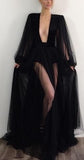 Sexy A line Long Sleeves Black Slit Prom Dresses HZ1022