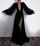 Sexy A line Long Sleeves Black Slit Prom Dresses HZ1022