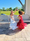 Sexy A line Long Blue Floral Prom Dress Blue and White Party Dresses HZ1022