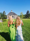 Sexy A line Long Blue Floral Prom Dress Blue and White Party Dresses HZ1022