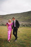 Sexy A line Square Neckline Long Pink Slit Prom Dress Party Dresses HZ1022