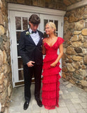 Sexy Sheath Lace Red Prom Dress Ruffles Party Dresses HZ1022