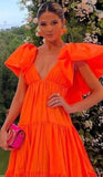 Sexy A line V neckline Organge Prom Dress Long Party Dresses HZ1022