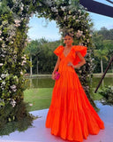 Sexy A line V neckline Organge Prom Dress Long Party Dresses HZ1022