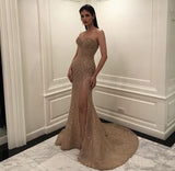 Sexy Mermaid Strapless Sequin Champagne Long Prom Dress HZ1022