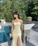 Sexy Mermaid Strapless Yellow Lace Long Prom Dress HZ1022