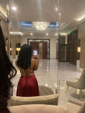 Sexy A line Straps Wine Red Slit Long Prom Dress HZ1022