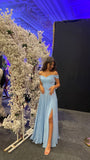 Simple A line Light Sky Blue Slit Long Prom Dress HZ1022