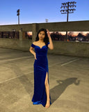 Sexy Mermaid Off The Shoulder Royal Blue Velvet Slit Long Prom Dress HZ1022