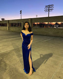 Sexy Mermaid Off The Shoulder Royal Blue Velvet Slit Long Prom Dress HZ1022