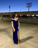 Sexy Mermaid Off The Shoulder Royal Blue Velvet Slit Long Prom Dress HZ1022