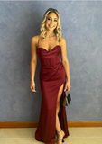 Sexy Mermaid Straps Burgundy Slit Long Prom Dress HZ1022