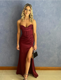 Sexy Mermaid Straps Burgundy Slit Long Prom Dress HZ1022