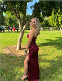 Sexy Mermaid Straps Burgundy Slit Long Prom Dress HZ1022