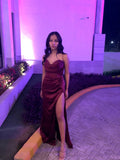 Sexy Mermaid Straps Burgundy Slit Long Prom Dress HZ1022