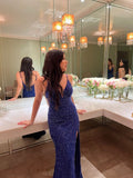 Sexy Mermaid Straps Royal Blue Sequin Long Prom Dress HZ1022