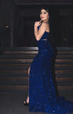 Sexy Mermaid Spaghetti Straps Royal Blue Sequin Long Prom Dress HZ1022