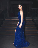 Sexy Mermaid Spaghetti Straps Royal Blue Sequin Long Prom Dress HZ1022