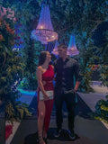Simple Sheath One Shoulder Burgundy Sequin Slit Long Prom Dress HZ1022