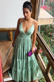 Simple A line Straps Mint Green Long Prom Dress HZ1022