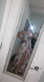 Simple A line Straps White Satin Floral Long Prom Dress HZ1022