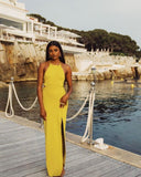 Simple Sheath Halter Slit Yellow Long Prom Dress HZ1022