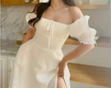 Light Yellow A-line Prom Dress with Puff Sleeves HZ1022