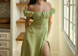 Light Yellow A-line Prom Dress with Puff Sleeves HZ1022