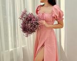 Light Yellow A-line Prom Dress with Puff Sleeves HZ1022