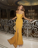 Sexy Mermaid Off The Shoulder Slit Yellow Prom Dress Weddingh Guest Dresses HZ1022