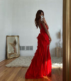 Sexy Sheath Straps Red Long Chiffon Prom Dress HZ1022