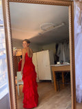 Sexy Sheath Straps Red Long Chiffon Prom Dress HZ1022