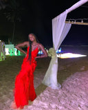 Sexy Sheath Spaghetti Straps Red Long Chiffon Prom Dress HZ1022