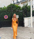 Sexy Mermaid Spaghetti Straps Yellow Long Prom Dress HZ1022