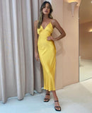 Sexy Sheath Spaghetti Straps Yellow Ankle Length Prom Dress HZ1022