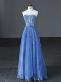 Luxurious A Line Strapless Blue Long Prom Dress HZ1022