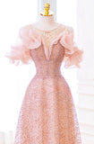 Luxurious A Line Off The Shoulder Pink Tulle Long Prom Dress HZ1022