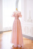 Luxurious A Line Off The Shoulder Pink Tulle Long Prom Dress HZ1022