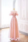 Luxurious A Line Off The Shoulder Pink Tulle Long Prom Dress HZ1022